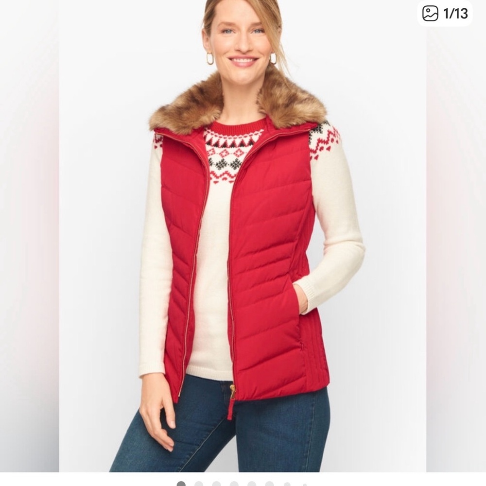 Talbots Red Down Faux Fur Collar Puffer Vest Sz 2X